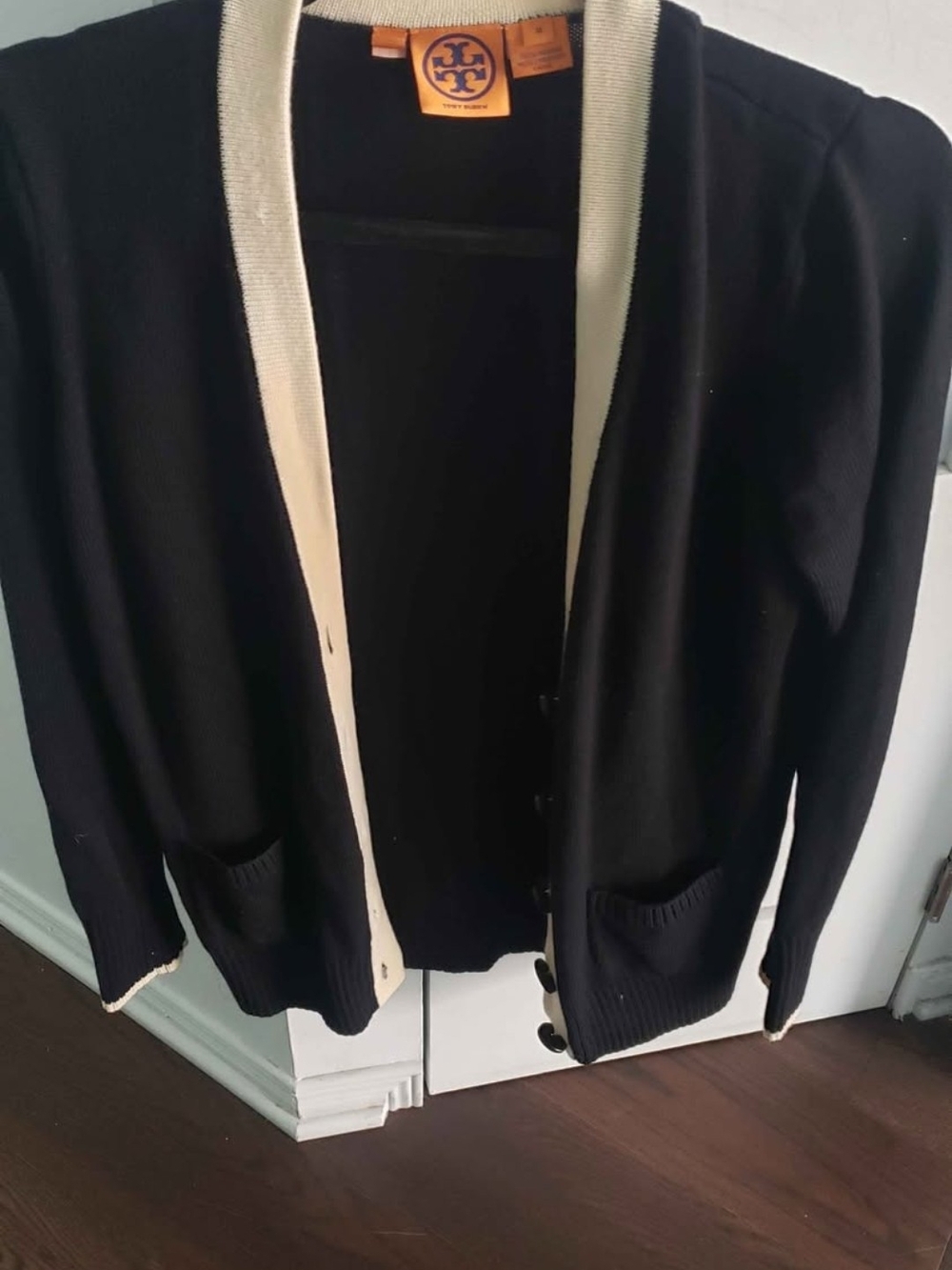 Tory Burch Black Cardigan MERINO with Cream Trim